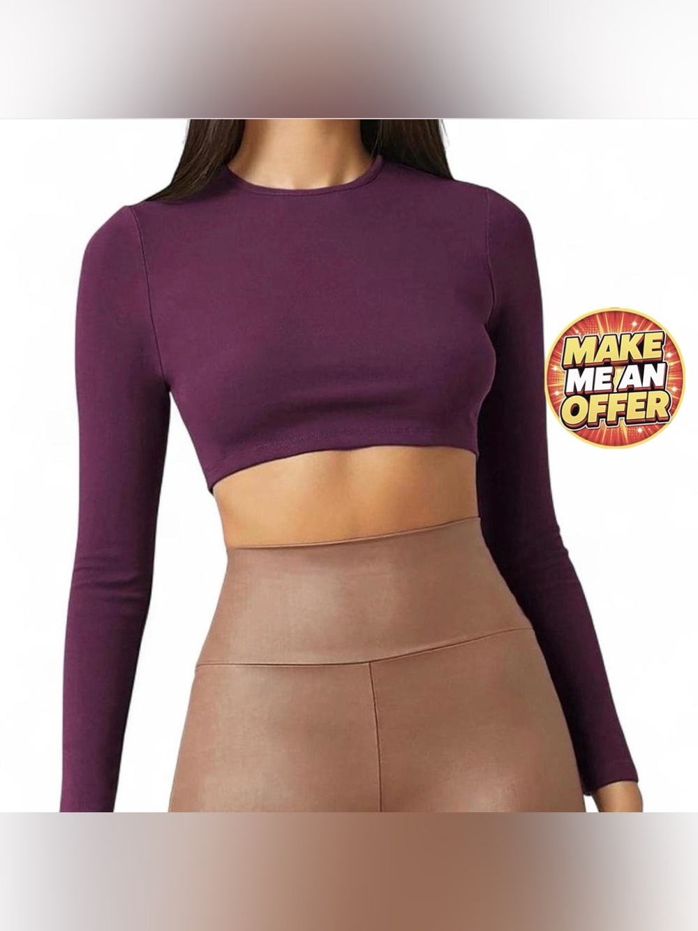 Brand New Purple Long-Sleeve Cropped Top - Women's Stretch Tee - SZ L